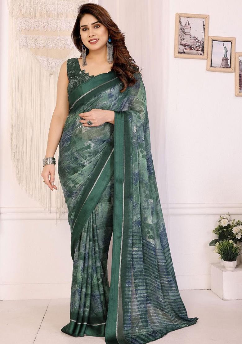 Green Embroidery Chiffon Saree With Blouse