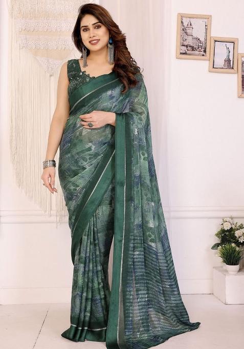 Green Embroidery Chiffon Saree With Blouse