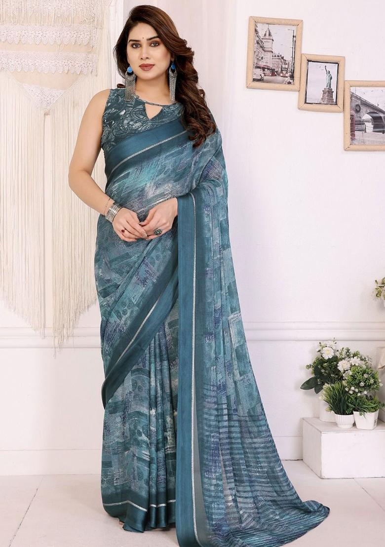 Teal Blue Embroidery Chiffon Saree With Blouse