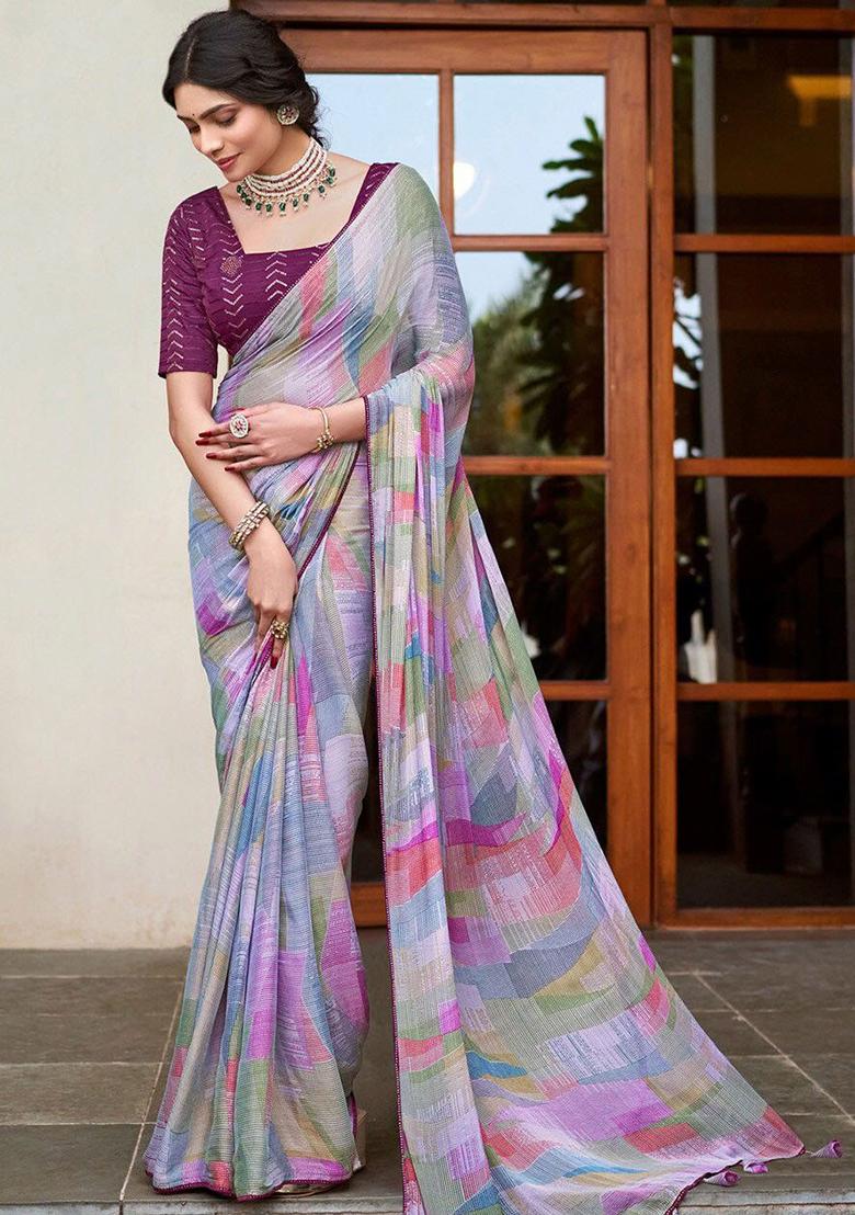 Multicolor Embroidery Chiffon Saree With Blouse