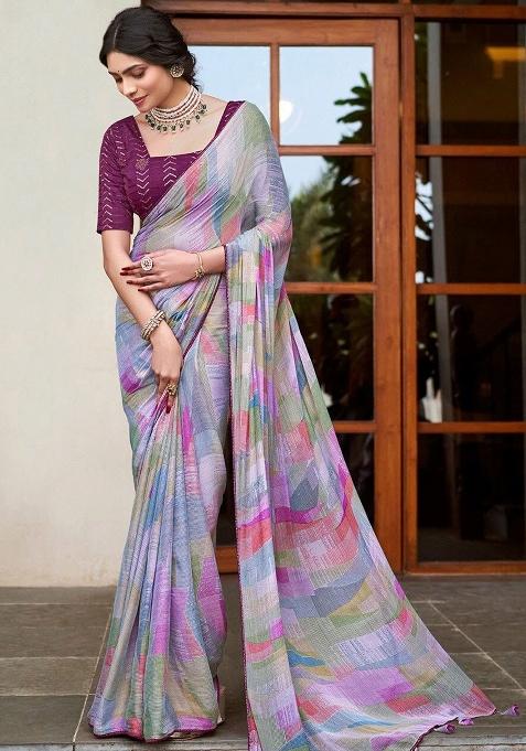 Multicolor Embroidery Chiffon Saree With Blouse