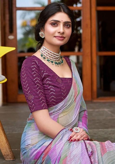 Multicolor Embroidery Chiffon Saree With Blouse
