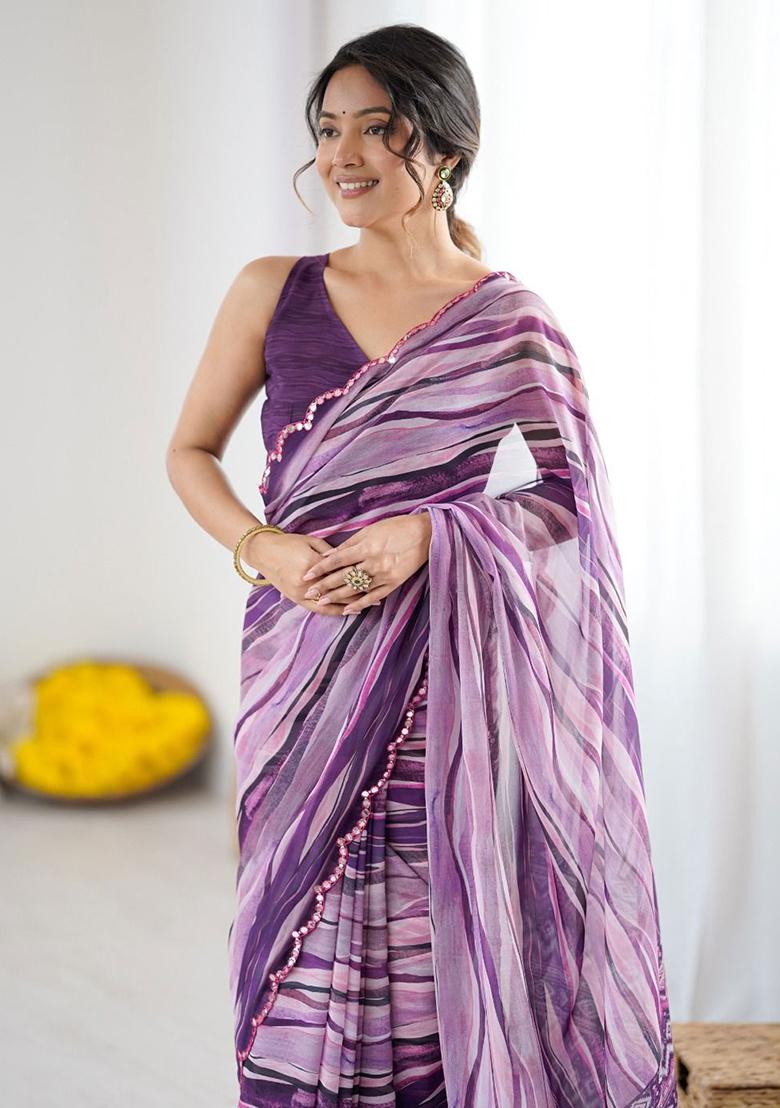 Multicolor Embroidery Georgette Saree With Blouse - Indya