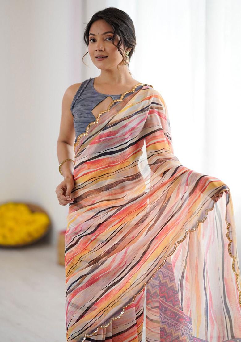 Multicolor Embroidery Georgette Saree With Blouse - Indya
