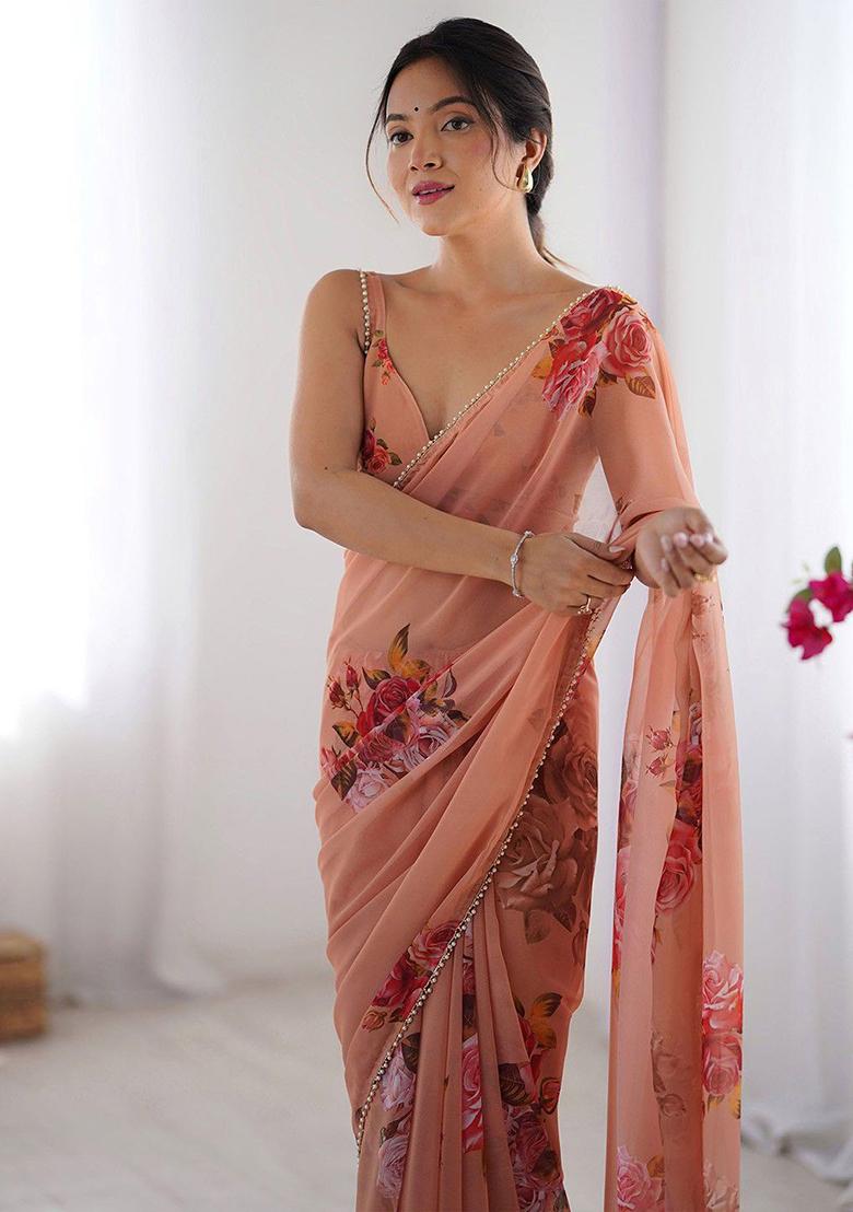 Peach Embroidery Georgette Saree With Blouse - Indya