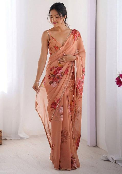Peach Embroidery Georgette Saree With Blouse