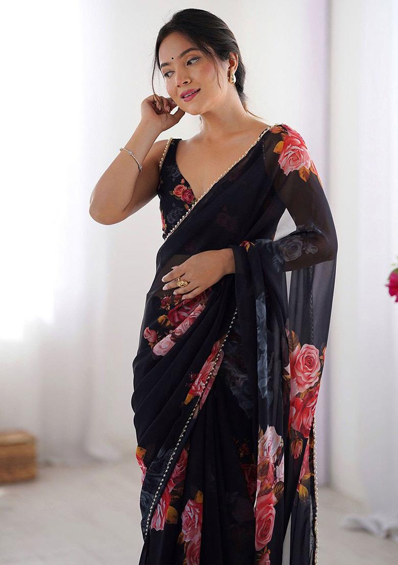 Black Embroidery Georgette Saree With Blouse - Indya