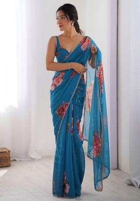 Blue Embroidery Georgette Saree With Blouse