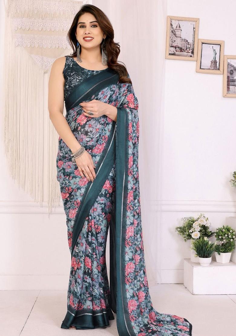 Multicolor Embroidery Blended Saree With Blouse