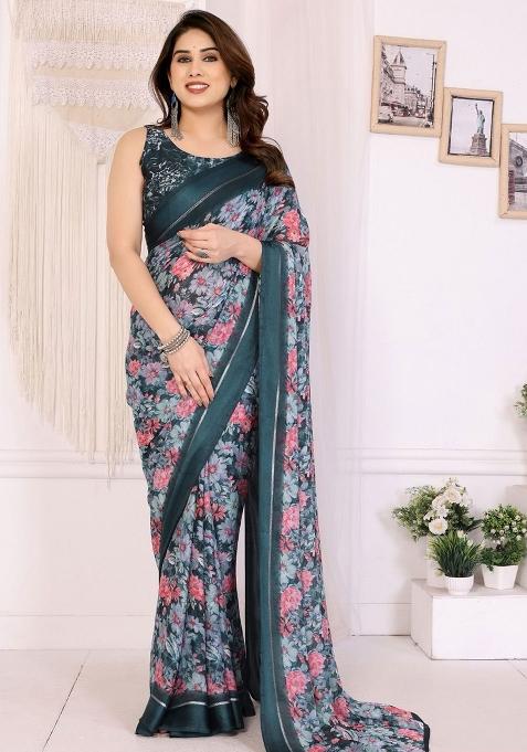 Multicolor Embroidery Blended Saree With Blouse