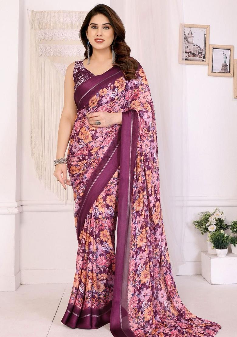 Multicolor Embroidery Blended Saree With Blouse