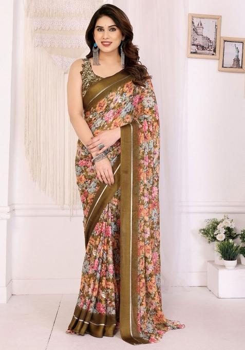 Multicolor Embroidery Blended Saree With Blouse