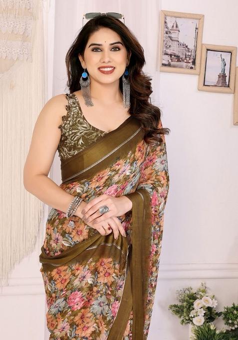 Multicolor Embroidery Blended Saree With Blouse