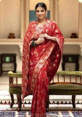 Red Embroidery Silk Saree With Blouse