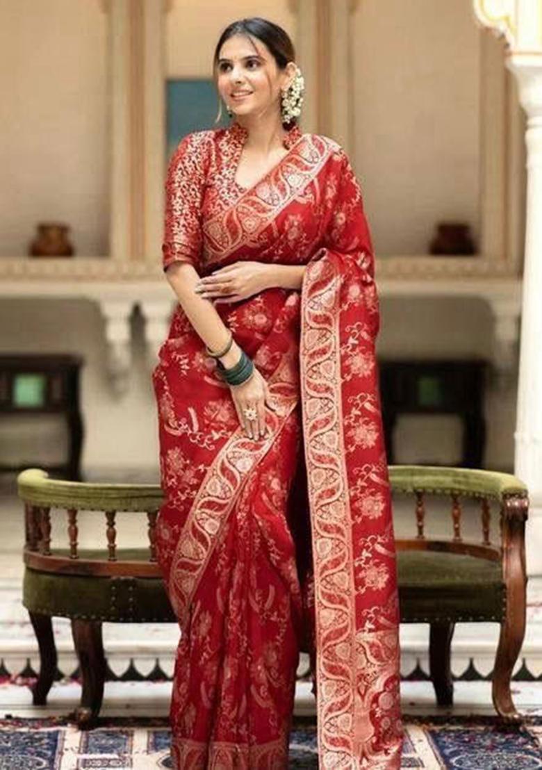 Red Embroidery Silk Saree With Blouse