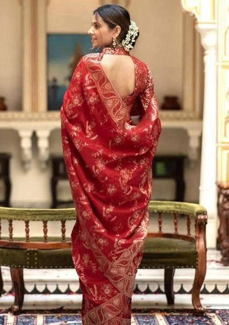 Red Embroidery Silk Saree With Blouse