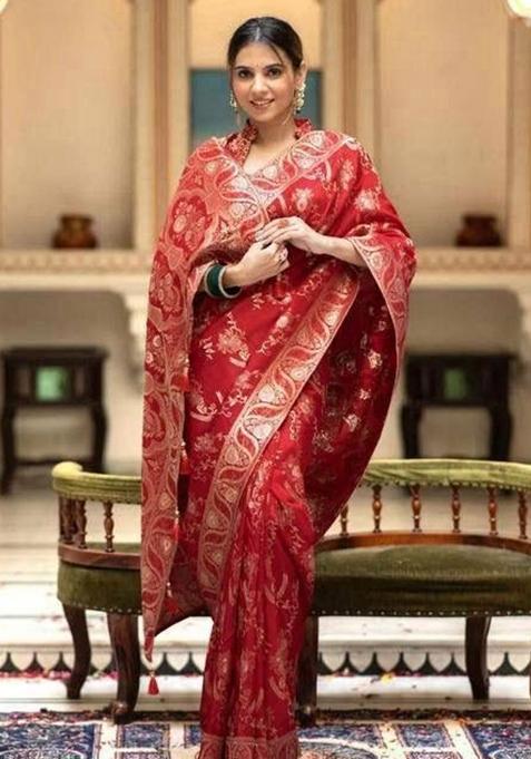 Red Embroidery Silk Saree With Blouse