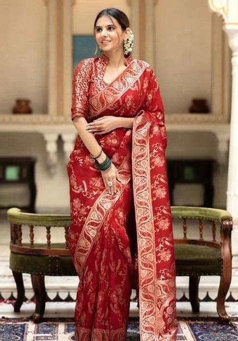 Red Embroidery Silk Saree With Blouse