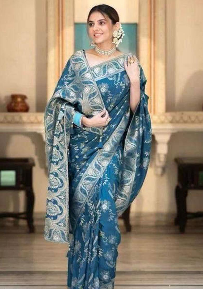 Blue Embroidery Silk Saree With Blouse