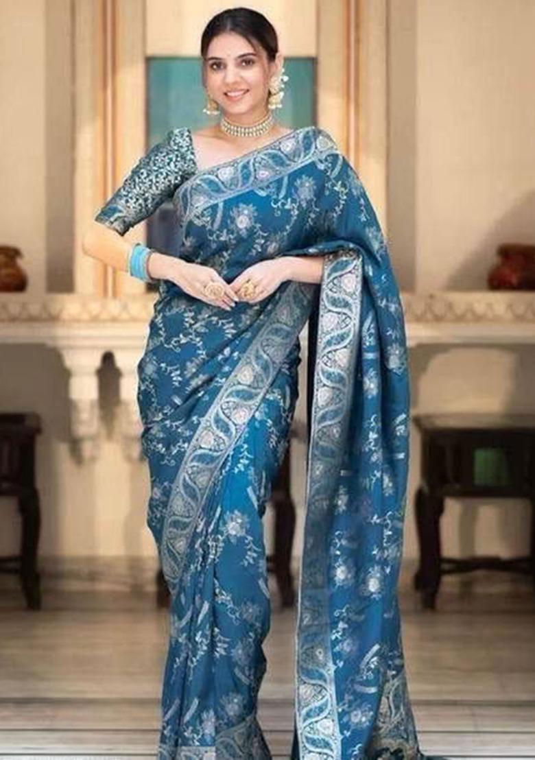 Blue Embroidery Silk Saree With Blouse - Indya