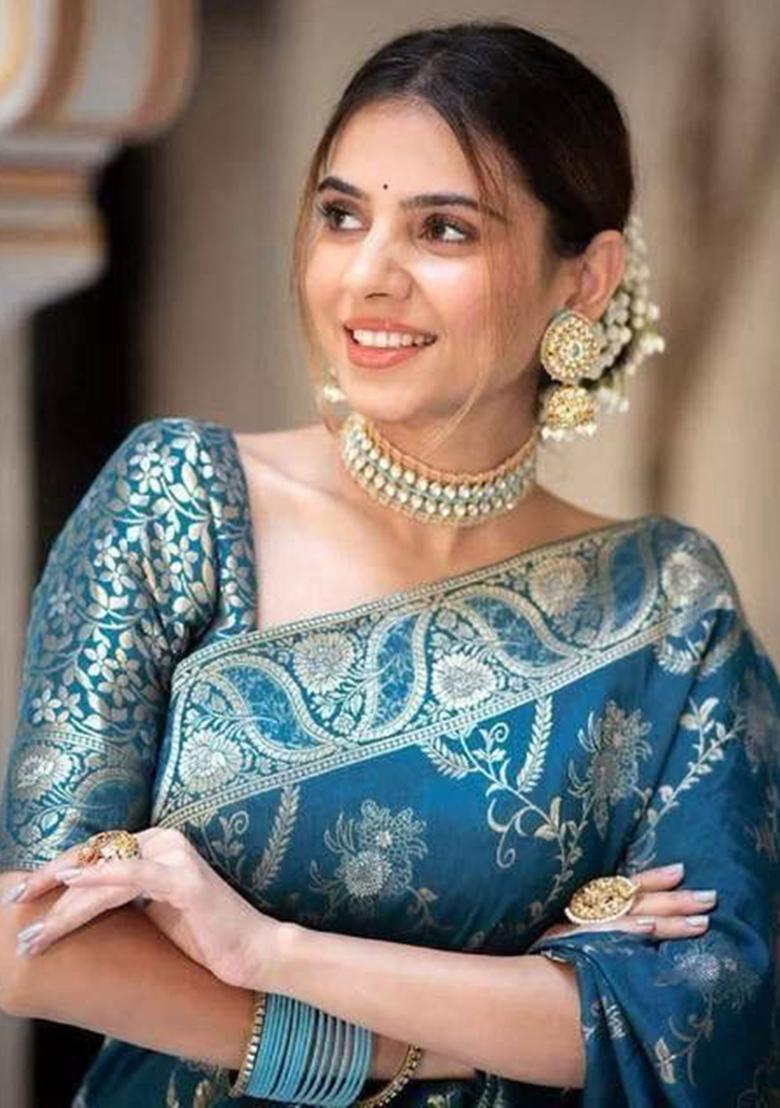 Blue Embroidery Silk Saree With Blouse