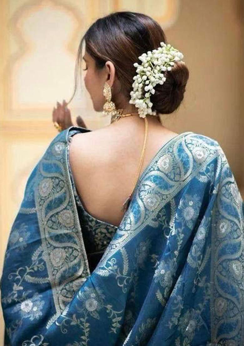 Blue Embroidery Silk Saree With Blouse - Indya
