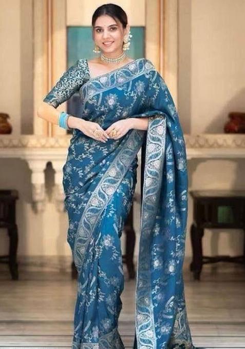 Blue Embroidery Silk Saree With Blouse