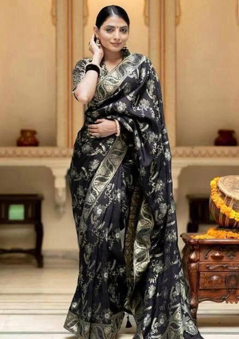 Black Embroidery Silk Saree With Blouse