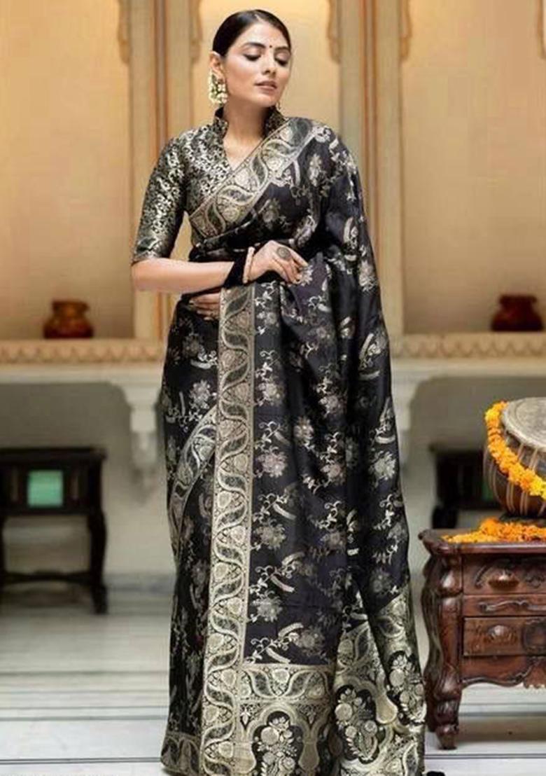Black Embroidery Silk Saree With Blouse