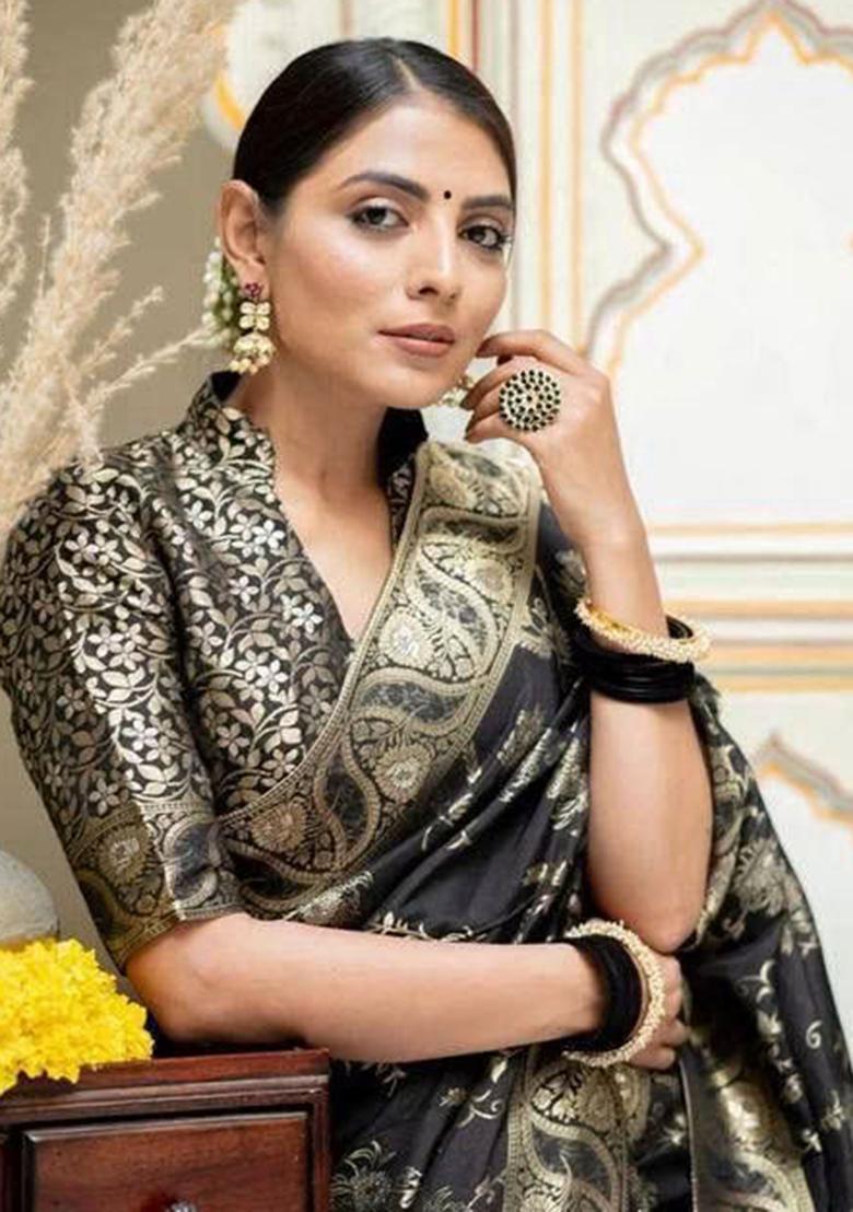 Black Embroidery Silk Saree With Blouse
