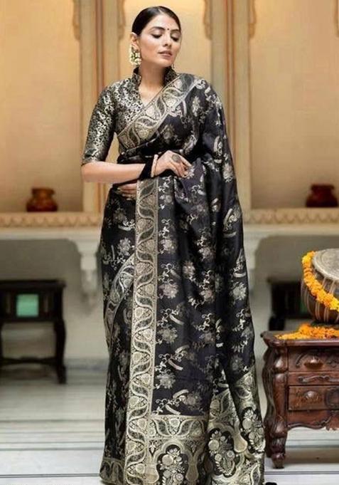 Black Embroidery Silk Saree With Blouse
