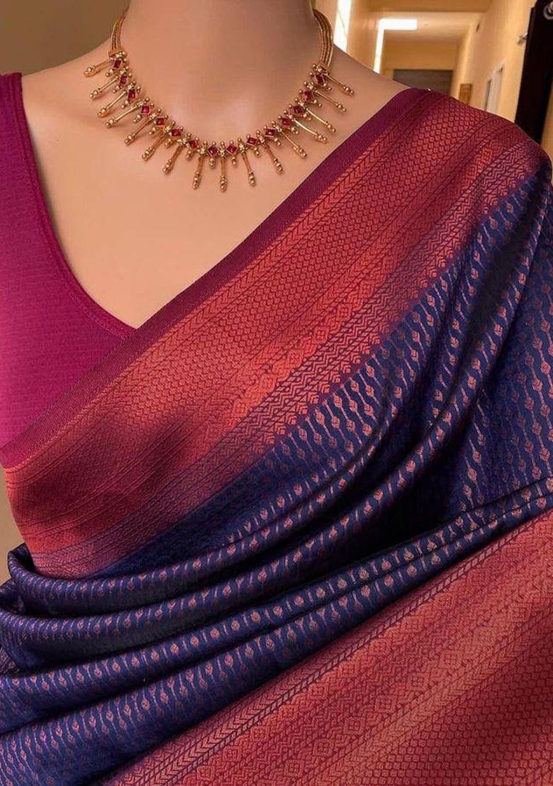 Blue Embroidery Silk Saree With Blouse