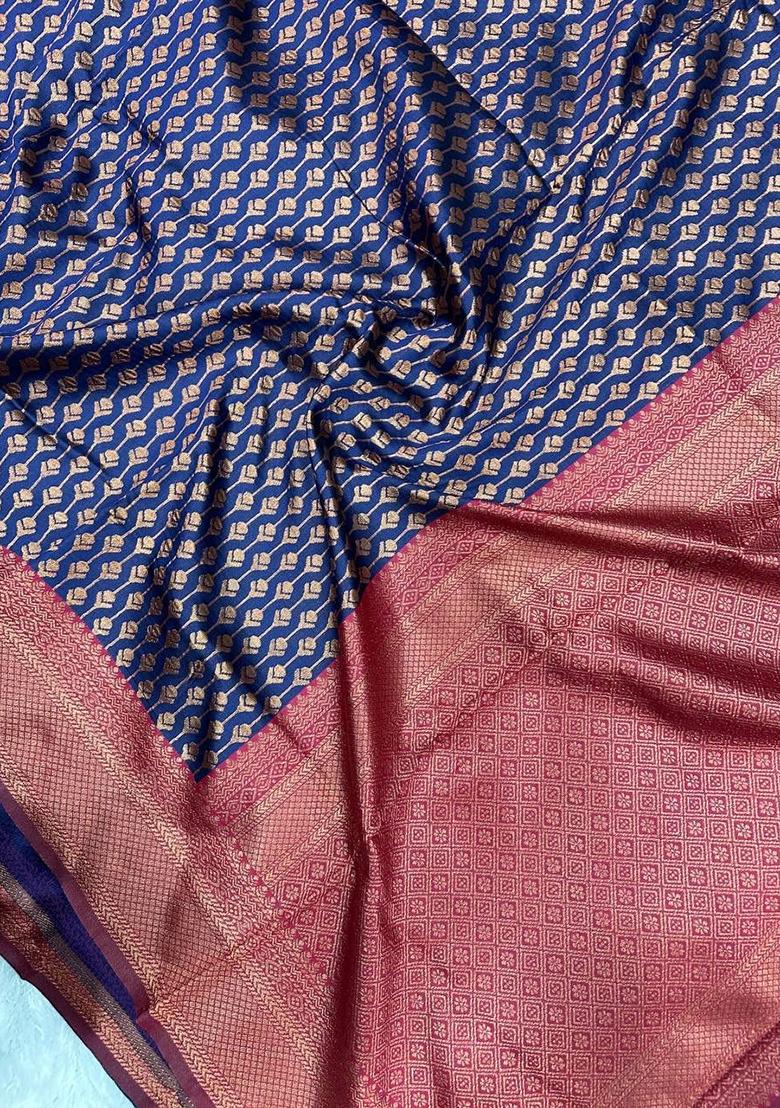 Blue Embroidery Silk Saree With Blouse - Indya