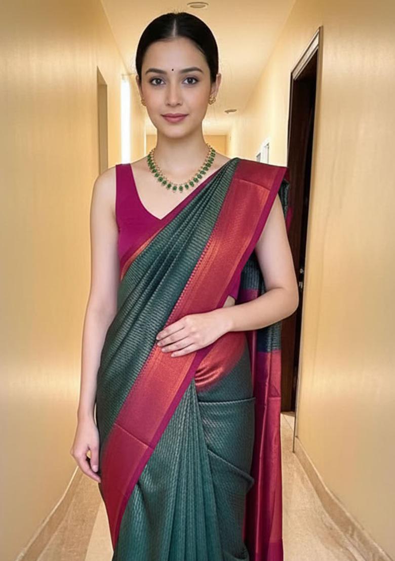 Green Embroidery Silk Saree With Blouse - Indya