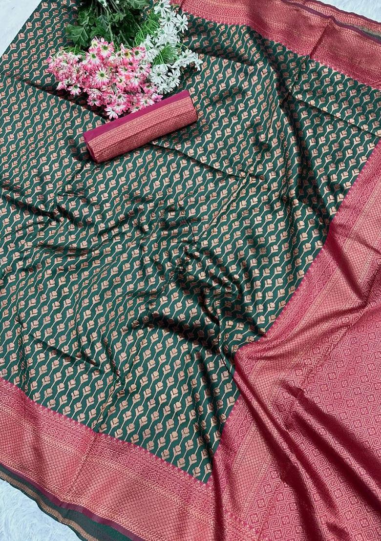 Green Embroidery Silk Saree With Blouse - Indya