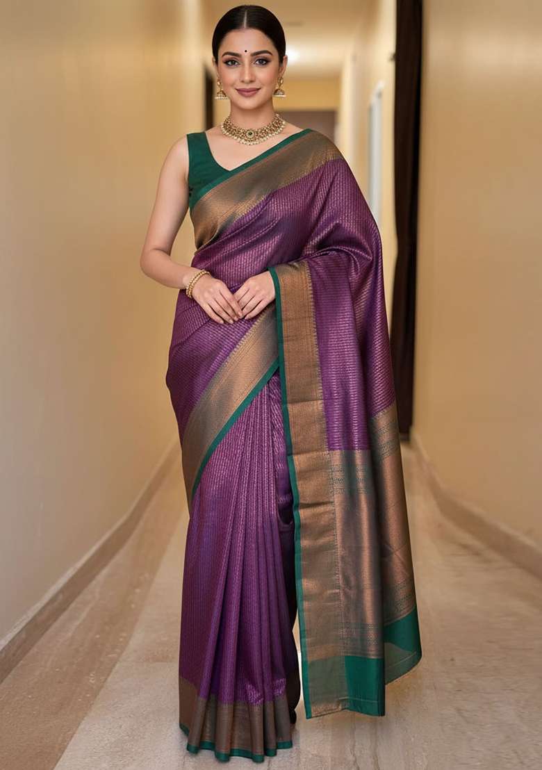 Wine With Blouse Silk Blend Saree with Embroidery for Diwali | Wedding & Festive Wear - Indya