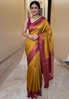Mustard Embroidery Silk Saree With Blouse