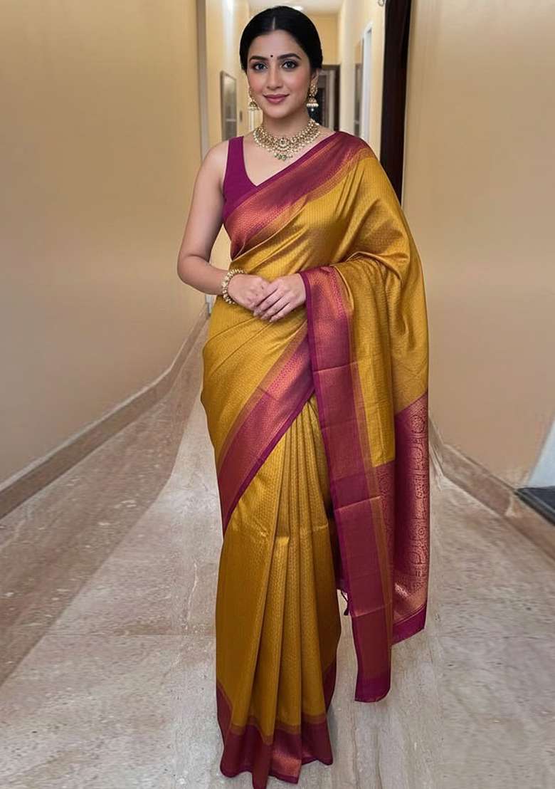 Mustard Embroidery Silk Blend Saree With Blouse for Diwali and Festive Wear - Indya