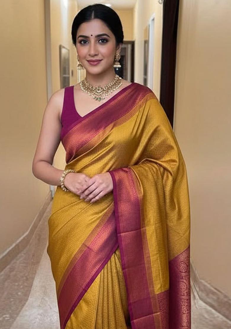 Mustard Embroidery Silk Saree With Blouse - Indya