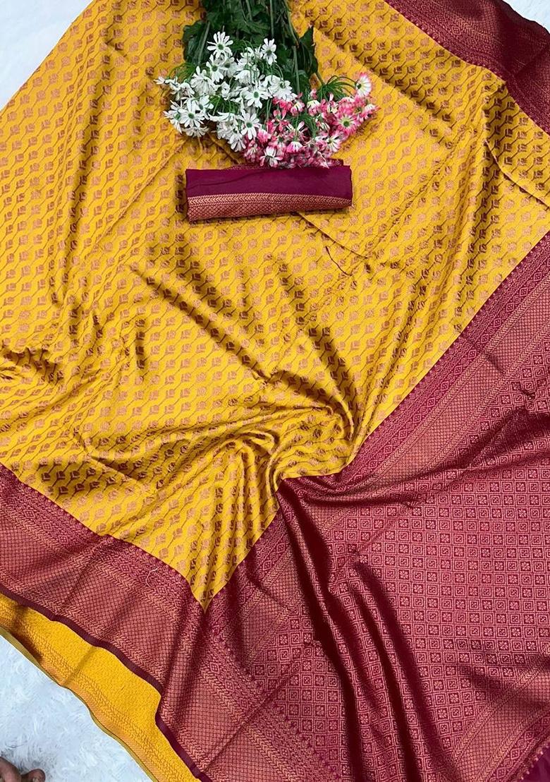 Mustard Embroidery Silk Saree With Blouse - Indya