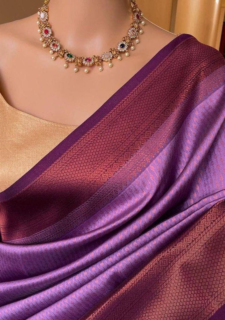 Violet Embroidery Silk Saree With Blouse