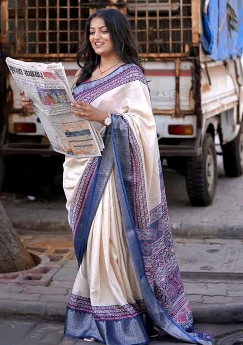 Off White Embroidery Silk Saree With Blouse - Indya