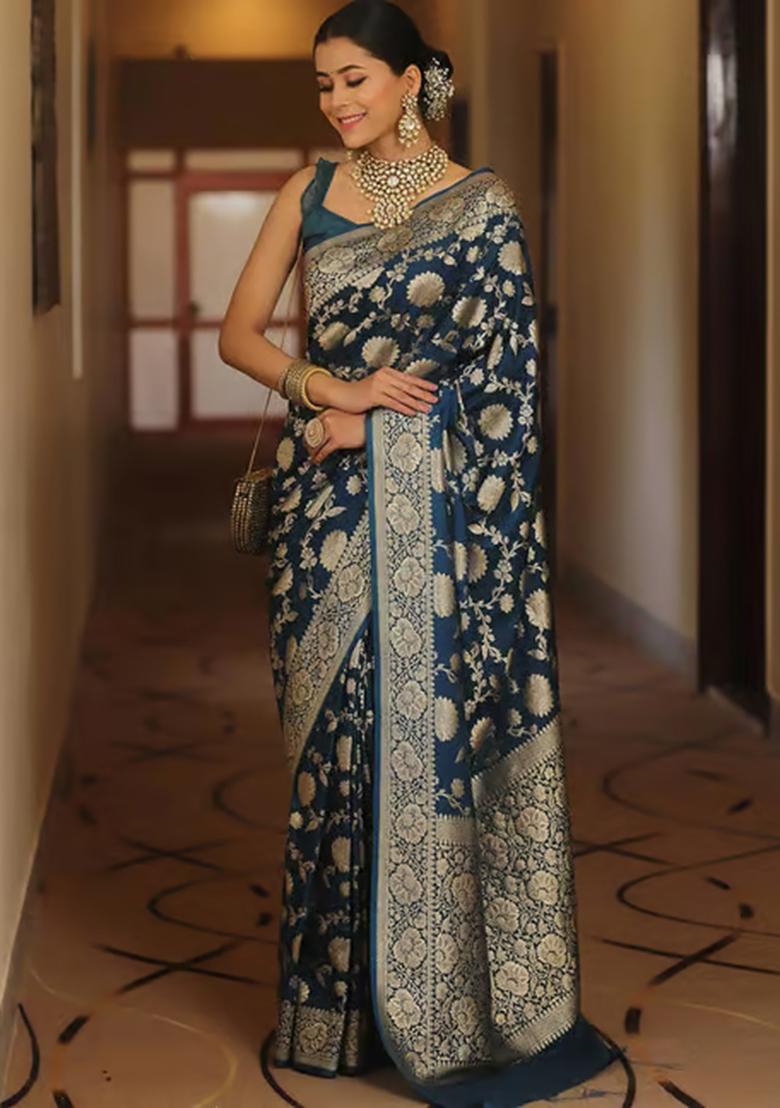 Navy Blue Embroidery Silk Saree With Blouse