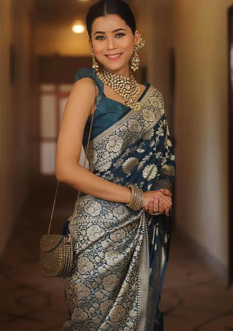 Navy Blue Embroidery Silk Saree With Blouse - Indya