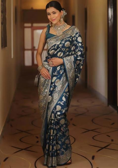 Navy Blue Embroidery Silk Saree With Blouse