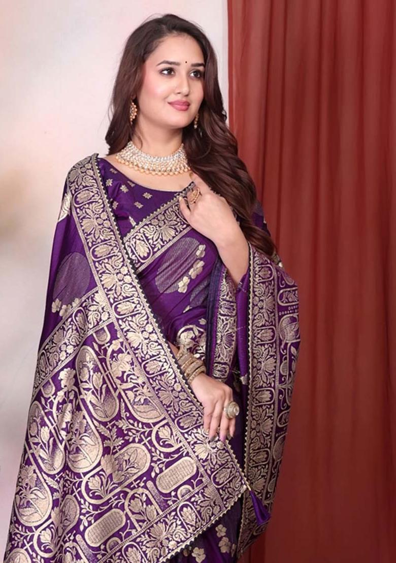 Wine Embroidery Silk Saree With Blouse - Indya