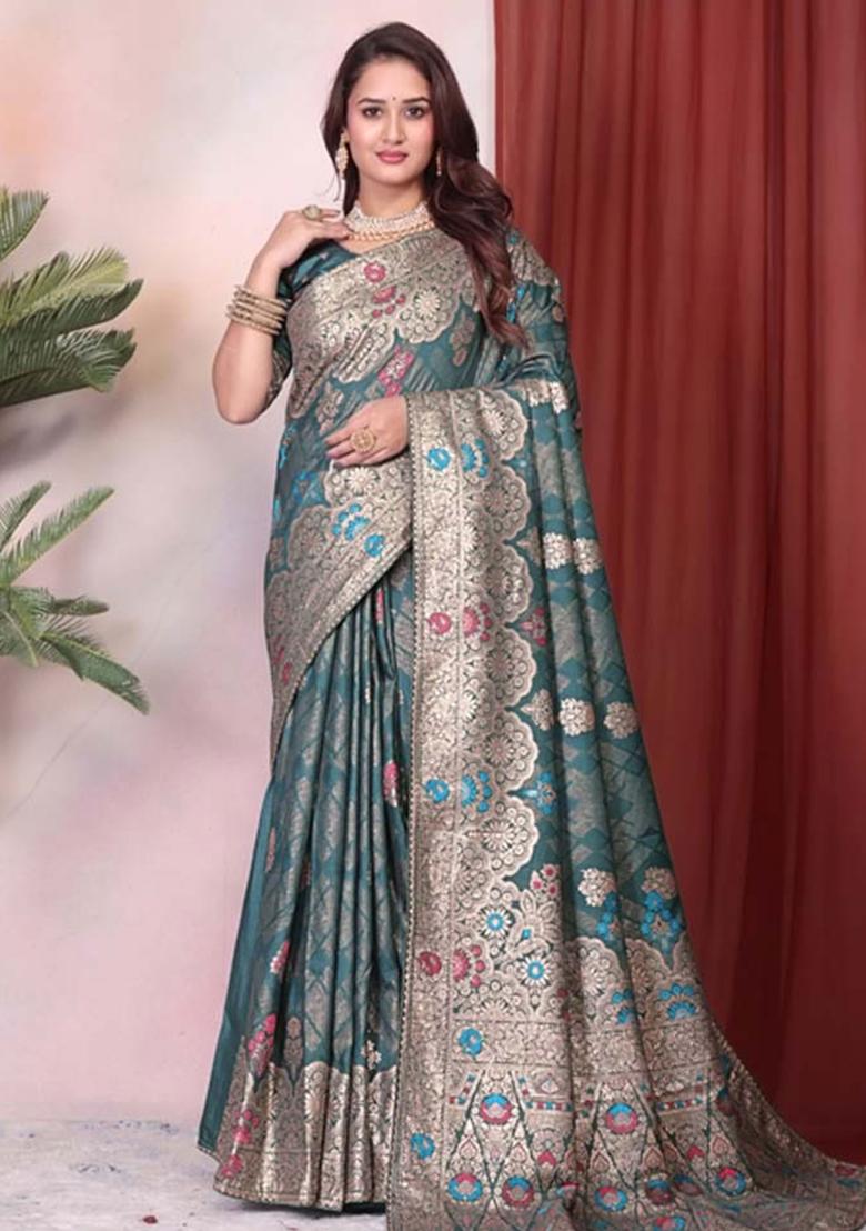 Rama Embroidery Silk Saree With Blouse