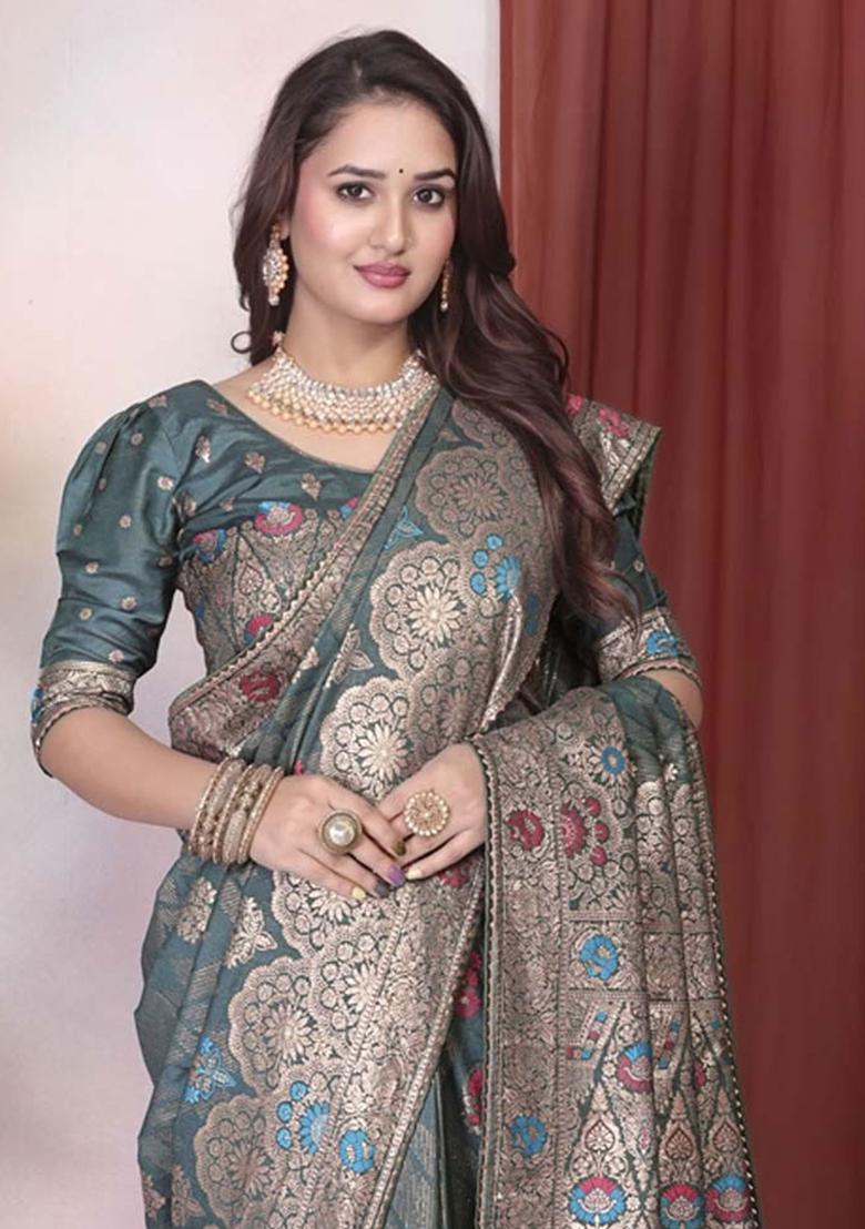 Rama Embroidery Silk Saree With Blouse