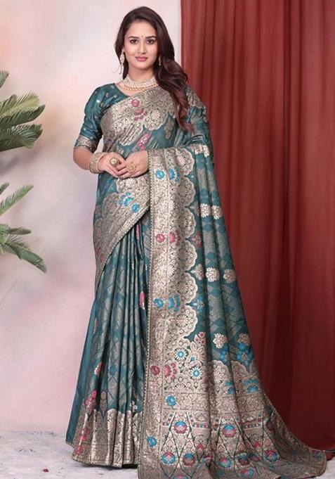 Rama Embroidery Silk Saree With Blouse