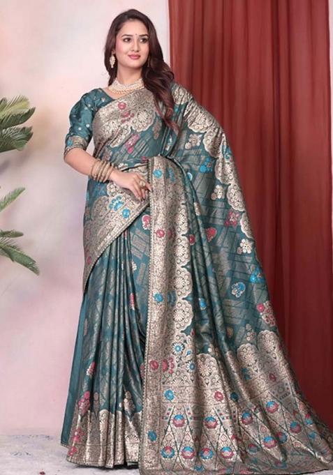 Rama Embroidery Silk Saree With Blouse